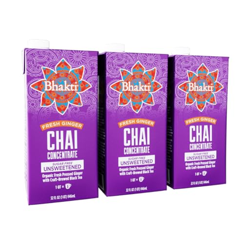 Bhakti Sugar Free Chai Concentrate, Unsweetened, Fresh Pressed Ginger and Black Tea Blend, Vegan, Organic, Gluten-Free, All-Natural Ingredients, 32 Ounce Cartons (Pack of 3) - Unsweetened - 32 Fl Oz (Pack of 3)