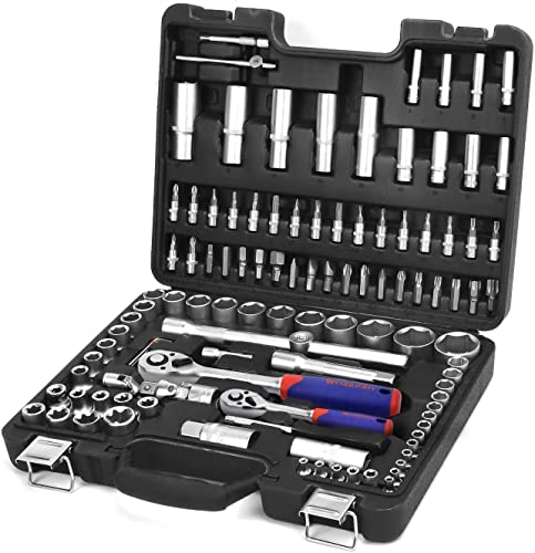 WORKPRO 108-Piece 1/4"&1/2" Drive Socket Set with Bits Set, Quick Release Ratchet Wrench - CR-V Mechanic Tool Set for DIY, Car Repair