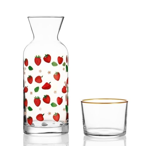 Wrenbury Strawberry Carafe for Bedside - Mouthwash Decanter for Bathroom - Cute Water Carafe with Cup - Nightstand Strawberry Glass Pitcher - 23.66 oz - Strawberry