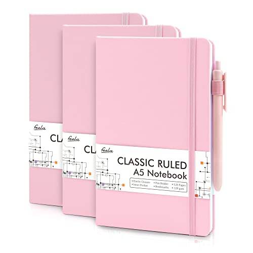feela 3 Pack Notebooks Journals Bulk, Hardcover Notebook Classic Ruled Lined Journal Set with Pen Holder for Work Business Journaling Note Taking, with 3 Black Pens, 120 GSM, 5.1”x8.3”, A5, Rose Pink - 3 Rose Pink