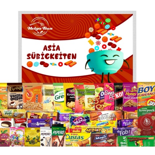 HELGA - BOX I Asiatische Süßigkeiten Box I ausgefallene Süßigkeiten Box enthält 20 beliebte Snacks aus ganz Asien I vielseitiger Asia - Mix wie Jelly Straws & Krabbenchips ideal als Geschenk Box
