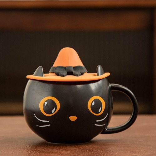 Pumpkin Cat Themed Mug - Black with lid / 301-400ml