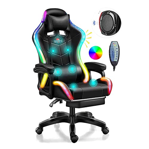 Gaming Chair with LED Light, Full Massage Gaming Chair with Speakers, Ergonomic Pro Computer Gaming Chairs for Adults with footrest Lumbar Support and Backrest Adjustable,B - B