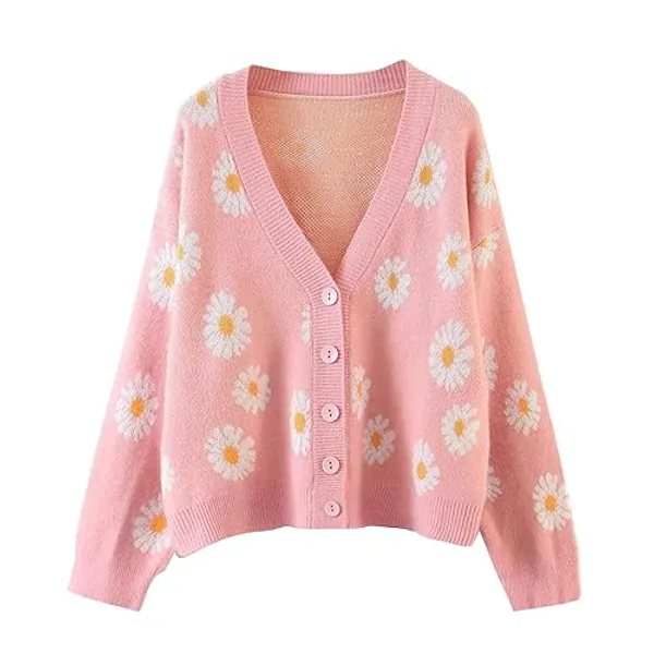 Damen-Strickjacke, Cardigan, Blumenmuster, V-Ausschnitt, langärmelig, Mädchen, süßer Vintage-Stil, lässiger Stil, Y2K