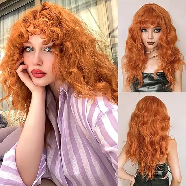 testar 24 Zoll Lockige Ingwer Perücken Für Frauen Lange Orange Farbene Gewellte Perücken Mit Pony Natürliche Synthetische Hitzebeständige Faserperücke Für Den Täglichen Partygebrauch