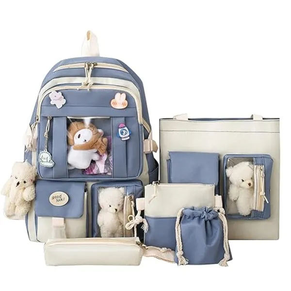Tdbest Kawaii Rucksack mit Niedlich Anhänger Zubehör 5 Teiliges Set, Große Harajuku Segeltuch Schulranzen,Trendy Schultasche College Reise Dame Abzeichen Rucksack Schüler Büchertasche