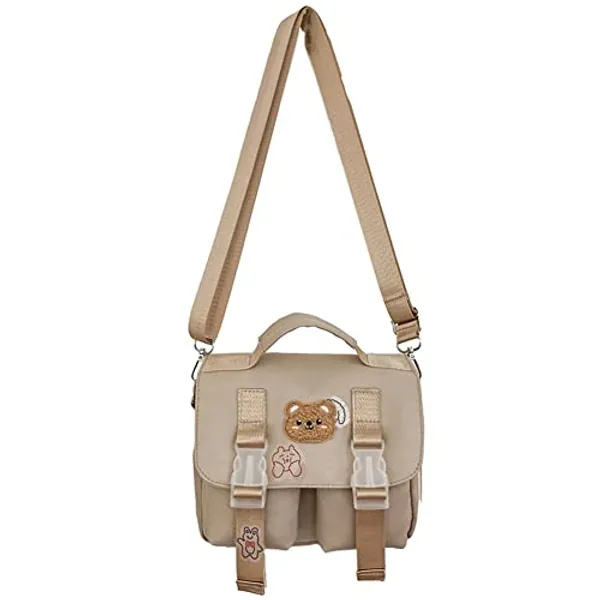 Kawaii Schultertasche, Nylon Cute Girl Messenger Satchel mit Bär Aufkleber, Preppy Style Frauen Handtasche Geldbörse
