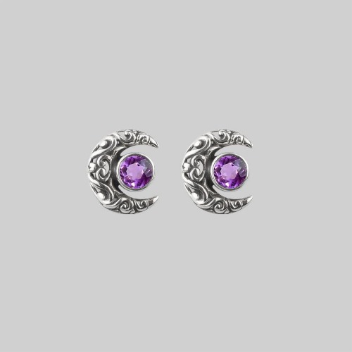 WISDOM. Silver Moon Crescent Earrings - Amethyst | Silver