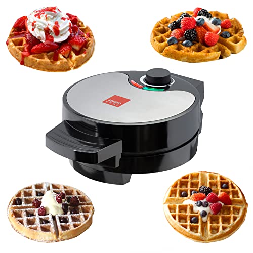 GLOBAL GOURMET – FULL SIZE American Waffle Maker Iron Machine 700W I Electric I Stainless Steel Mould I Non-Stick Coating I Recipes I Deep Cooking Plates I Adjustable Temperature Control - Black - Round Waffle Maker