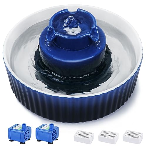 Lawfery Ceramic Cat Water Fountain, 2.1L/71oz Cat Fountain with 3 Carbon Filters and 2 Water Pumps, Cupcake Pet Water Fountain for Cats and Dogs (Dark Blue) - Dark Blue