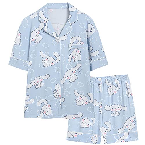 Cute Fashion Long Sleeve Cardigan Pajamas Set Kawaii Leisure Loose Two-Piece Sleepwear Set For Women Girls - Short Sleeve - Blue - X-Large