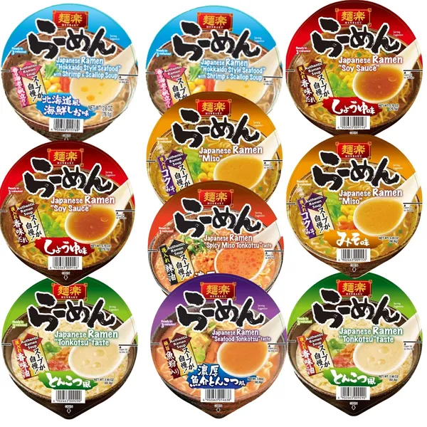 Menraku Authentic Japanese Ramen Noodle Bowls Deluxe Classic Series in Multiple Flavors, Miso, Seafood Tonkotsu, Miso Tonkotsu, Original Tonkotsu, Seafood Shio and Shoyu (Pack of 10)