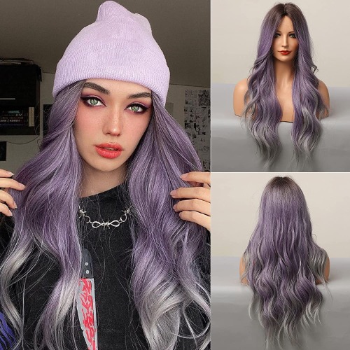 YUSHU Long Purple Wigs for Women Long Wavy Ombre Purple Wigs Middle Part Colored Wigs Heat Resistant Synthetic Wig for Daily Party Use Cosplay( Ombre Purple, 26 Inch) - Ombre purple