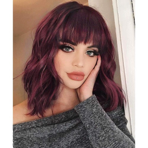 AISI HAIR Synthetic Curly Bob Wig with Bangs Short Bob Wavy Hair Wigs Wine Red Color Wigs for Women Bob Style Synthetic Heat Resistant Bob Wigs - Wine red