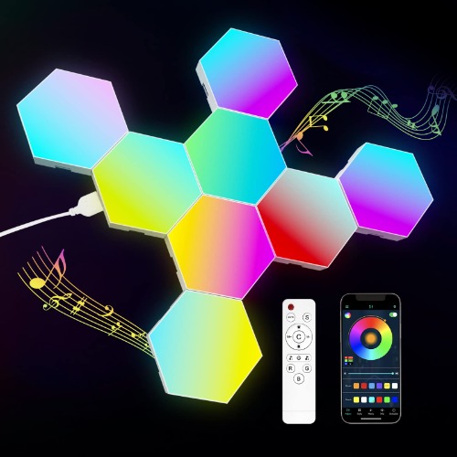 JIMIMORO 8 Pack Hexagon Light Panels - Smart RGB Hexagon LED Lights Cool Music Sync Gaming Lights APP & Remote Control Wall Lights Gift for Home Decor, Living Room, Bedroom, Gaming Room, Kids, Adults - 8 Panels F