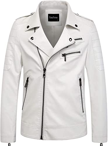 chouyatou Men's Vintage Asymmetric Zip Lightweight Faux Leather Biker Jacket - X-Large - white