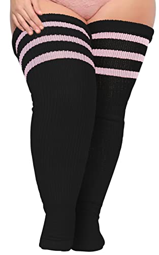 Plus Size Womens Thigh High Socks for Thick Thighs- Extra Long Striped Thick Over the Knee Socks- Leg Warmer Boot Socks - Large Plus - Black & Light Pink