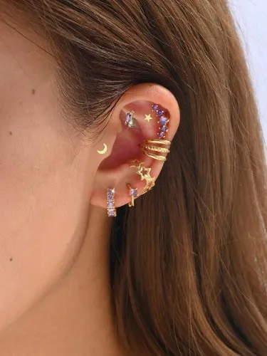 6pcs/set Cubic Zirconia Decor Earrings & 2pcs/set Hollow Out Star Decor Ear Cuff | SHEIN USA