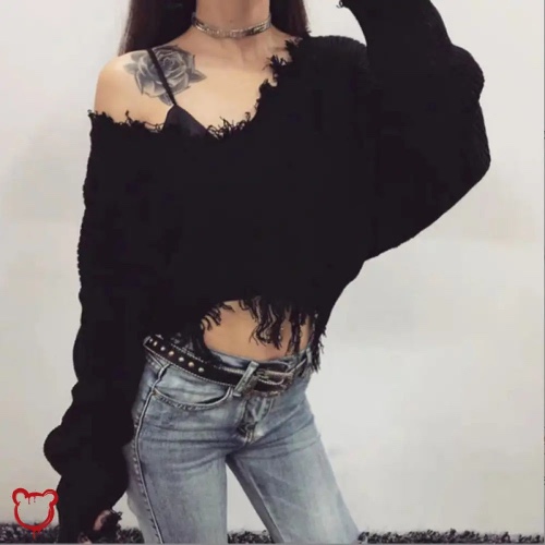 Torn Edge Grunge Sweater - Black / S