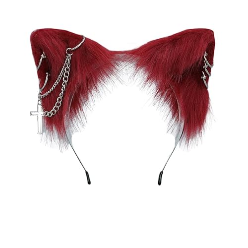 VIGVAN Cat Cosplay Ears Accessories Punk Gothic Cross Cat Ears Headbands Clips - Wine Red
