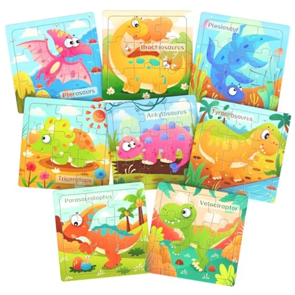 Zeoddler Wooden Puzzles for Toddlers, 8 Pack Dinosaur Jigsaw Puzzles for Kids3-5, 9 Pieces Preschool Learning Activities, Learning & Educational Puzzles, Gift for Boys, Girls - Dinosaur