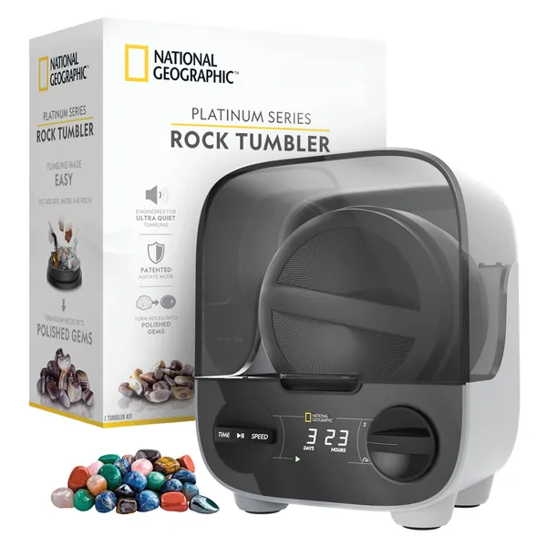 NATIONAL GEOGRAPHIC Professional Rock Tumbling Kit - Patent-Pending Rock Polisher for Kids & Adults, Platinum Series Ultra Quiet, 2lb Barrel, Rocks, Grit, GemFoam Polisher, A Great STEM Science Kit