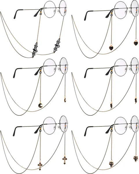 Flutesan 6 Pieces Glasses Chain Goth for Women Men Eyeglass Holder Chain Lanyard Sunglasses Chains Bat Moon Love Cat Pendant Eyewear Strap Holder Anti Lost Eyeglass Leash