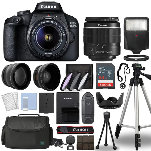 Canon EOS 4000D / Rebel T100 Digital SLR Camera Body w/Canon EF-S 18-55mm f/3.5-5.6 Lens 3 Lens DSLR Kit Bundled with Complete Accessory Bundle + 64GB + Flash & More - International Model (Renewed)