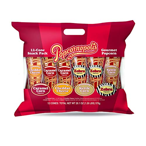 Popcornopolis Gourmet Popcorn Snacks, 12 Cone Variety Snack Packs (Gift Cone), Perfect Party Favors, Zebra Popcorn, Cheddar Cheese Popcorn, Caramel Popcorn & Kettle Corn Popcorn - Caramel / Cheddar Cheese / Zebra / Kettle Corn