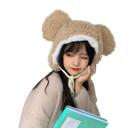 Cute Plush Faux Fur Animal Critter Hat Cap with Ear Flaps Fuzzy Bear Hat Soft Warm Winter Hat Beanie for Adults Women Girls - Khaki