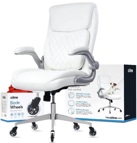 Oline Ergonomic Executive Office Chair - Rolling Home Desk PU Leather Chair with Adjustable Armrests, 3D Lumbar Support and Blade Wheels - Computer Gaming Swivel Chairs (White) - White