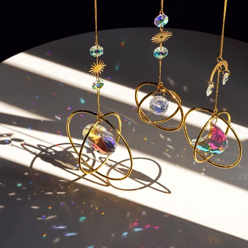 Set 3 Crystal Hanging Decorations - Sun & Moon Rainbow Crystal Suncatcher Window Car Hanging Prisms Ornament Pendant,Boho Love Wall Decoration,Home Garden Decor Gift - Gold