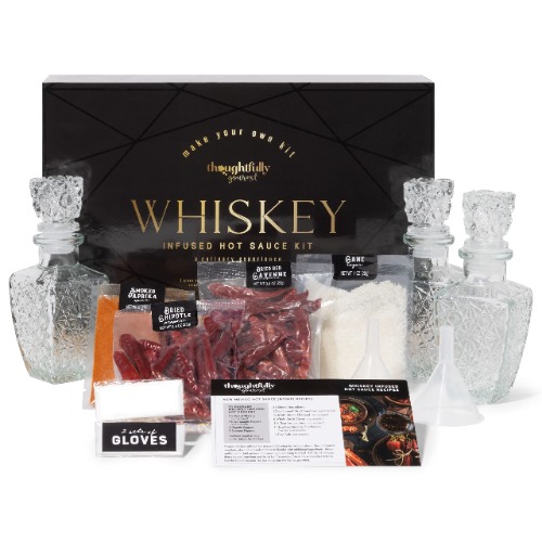 Thoughtfully Gourmet, Make Your Own Whiskey Infused Hot Sauce DIY Gift Set, Includes 2 Glass Decanters, Recipe Book, Gloves, 2 Funnels, Peppers, Spices and Seasonings (Contains NO Alcohol)…
