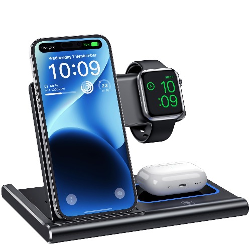 Wireless Charging Station, 3 in 1 Charging Station for Apple Devices, Wireless Charger for iPhone 15 14 13 12 11 Pro & Max Series, AirPods Pro/3/2, Apple Watch (Black) - Black