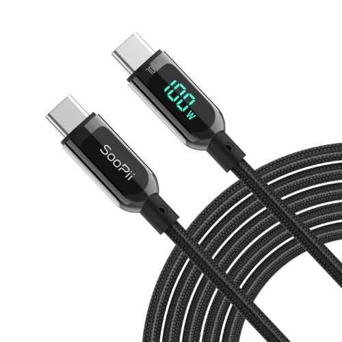 SooPii 100W 4ft USB C to USB C Cable Fast Charge, Nylon Braided Type-C Cable with LED Display for lPad Air/lPad Pro, MacBook Pro, Samsung Galaxy S21/S10/S9/Plus (Black) - 4 Ft Black