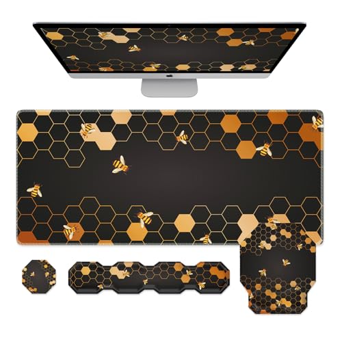 iCasso Mouse Pad with Wrist Rest, Large Desk Mat+Keyboard Wrist Rest+Mouse Wrist Rest+Coaster, 4in1 Gaming Mouse Pad Set with Ergonomic Design Non-Slip for Home Office Desk Computer, Bee - Beeblack