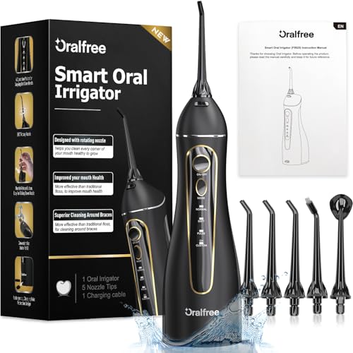 Oralfree Water Dental flosser Teeth Pick - Braces Cordless Oral Irrigator Portable Rechargeable Travel Irrigation Cleaner IPX7 Waterproof Electric Professional Flossing Teeth Cleaning for Home - Black