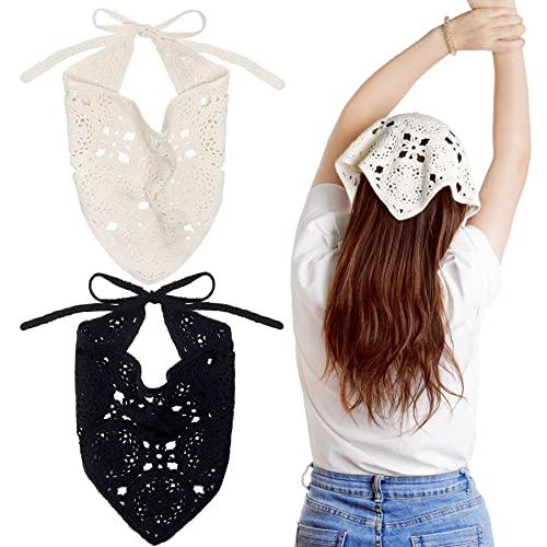 hoyuwak 2Pcs Crochet Bandanas Headbands Hair Accessories for Women Girls Knitted Floral Hair Styling and Decor (White, Black) - Floral 1