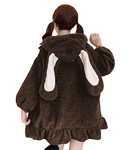 BZB Kawaii Anime Bunny Ear Hoodies For Women Sweet Lovely Fuzzy Fluffy Rabbit Sweater Tops Cosplay Jacket Coats - 3X-Large - Brown