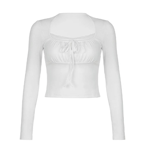 White Lace Patchwork Cute Kawaii Long Sleeve Cropped Top - White / L