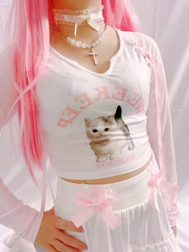 Pink Kitten Long Sleeve Crop Top - L