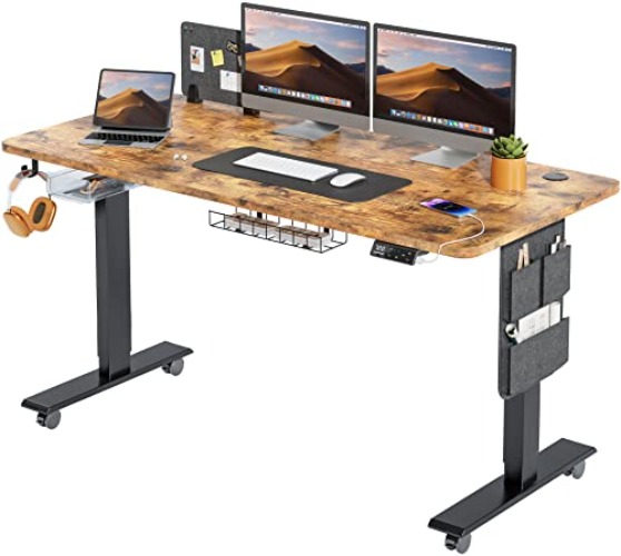 MAIDeSITe Electric Standing Desk Height Adjustable Standing Desk Sit Stand Desk Stand Up Desk with Drawer and 140 * 70cm Desktop for Home Office - 140 x 70 cm - Black Frame+ Vintage Desktop
