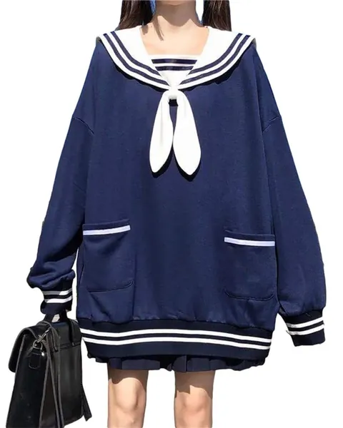 Women's Cute Bunny Long Sleeve Sweatshirts Teen Girl Sweet Bowknot Japanese Oversized Loose Pullover Hoodies Tops - X-Large Navy Blue
