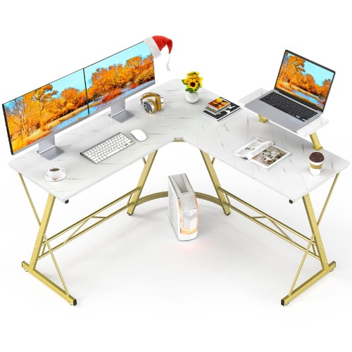Mr IRONSTONE L Shaped Engineered Wood Finish Desk, Computer Corner Desk, Home Gaming Desk, Office Writing Workstation with Large Monitor Stand, Space-Saving, Easy to Assemble(Laminate Marble) - White Marble Top + Gold Frame