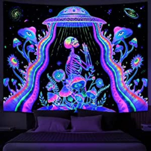 Galoker Blacklight Skeleton Tapestry Trippy Mushroom Floral Tapestry UV Reactive Alien UFO Tapestry Galaxy Space Tapestry Wall Hanging for Home Decor(H59.1×W78.7 inches) - L/59.1" X78.7" Blacklight UFO Skull