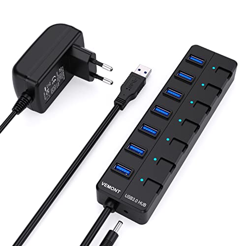 Hub USB Alimentado,VEMONT 7 Puertos USB 3.0 Hub con alimentación Externa,botón de Encendido Individual por Cada Puertos para Mac OS, Windows, iOS, Linux con Alimentación Adaptador 5V/3A - Negro(7 Puertos+5V/3A )