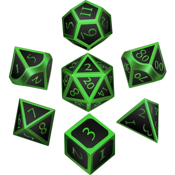 HESTYA 7 Pieces Metal Dices Set DND Game Polyhedral Solid Metal D&D Dice Set with Storage Bag and Zinc Alloy with Enamel for Role Playing Game Dungeons and Dragons, Math Teaching (Green Edge Black) - Green Edge Black