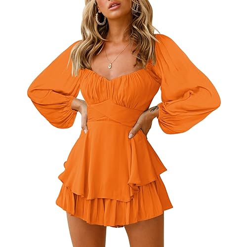 Fixmatti Women off Shoulder Rompers Lantern Long Sleeve Ruffle Tie Mini Shorts Jumpsuit - Small - 01-orange