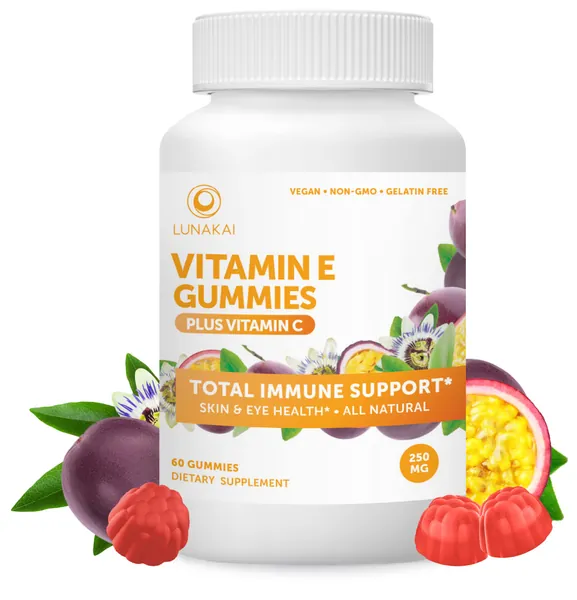 Vitamin E Gummies with Vitamin C – 250 mg 1000 iu Natural VIT E Plus C Supplements, Non-GMO No Corn Syrup Vegan All Natural Vitamina E Gummy for Eye & Skin Health - Red