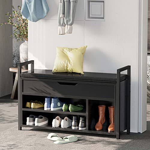 IRONCK Shoe Storage Bench, Entryway Bench with Lift Top Storage Box, Metal and Board Bench for Entryway, 2-Tier Shoe Rack Organizer for Entryway, Bedroom, Hallway, Black - 35.4" W - Black